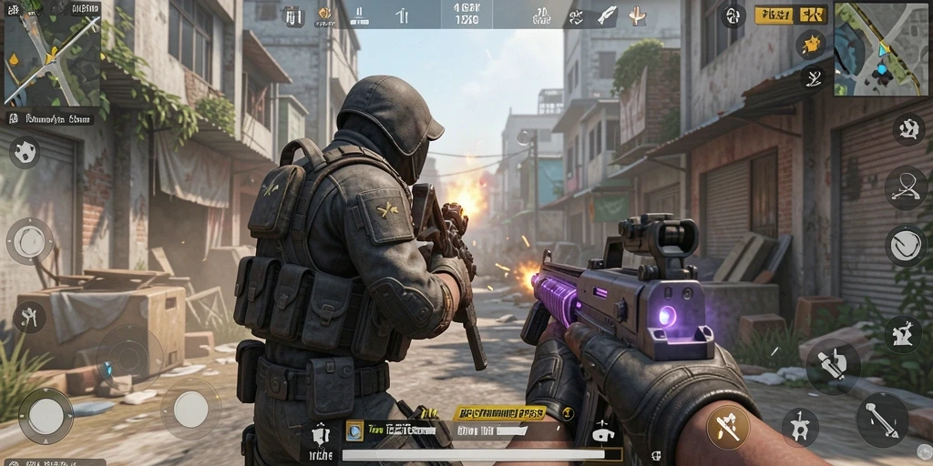 Screenshot utama gameplay 5ZK dengan aksi tembak-menembak seru di latar belakang.