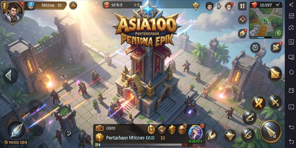 Screenshot gameplay ASIA100 menampilkan aksi menara pertahanan yang mendebarkan.