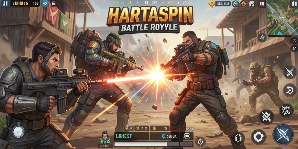 Screenshot HARTASPIN menunjukkan aksi intens pertarungan Battle Royale.