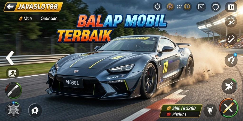 Tampilan gameplay JAVASLOT88 dengan mobil balap yang melaju kencang.