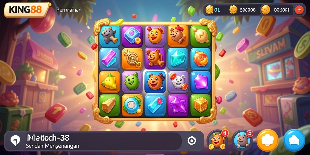 Screenshot menunjukkan gameplay seru KING88 dengan permata berwarna-warni.