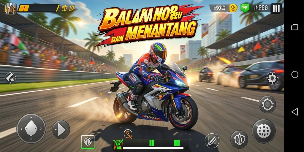 Tampilan gameplay balapan motor yang seru dan mendebarkan.