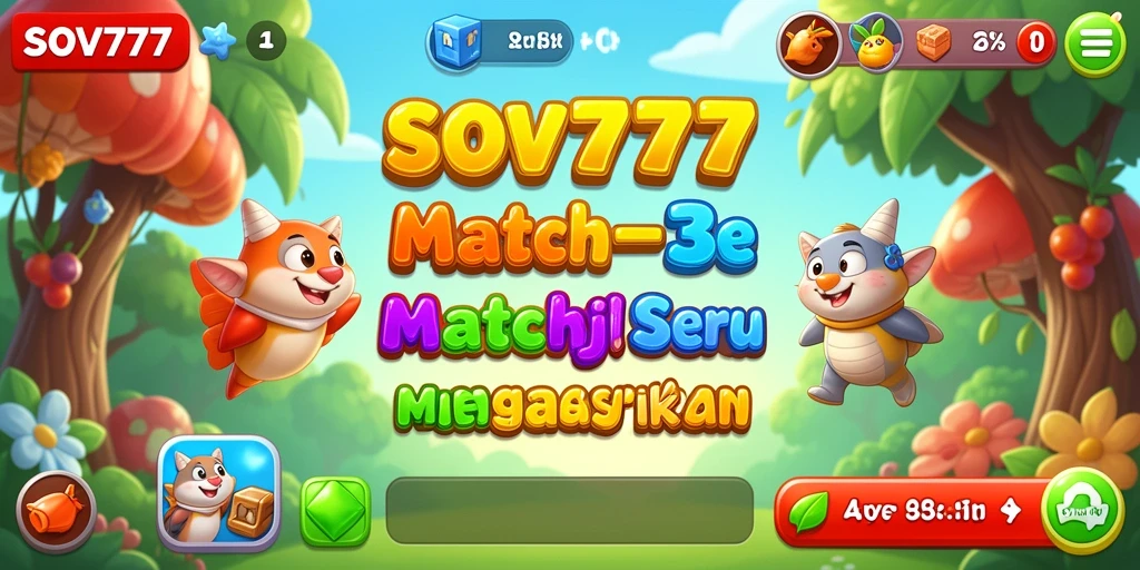 Screenshot SOV777 menampilkan gameplay Match-3 yang penuh warna.